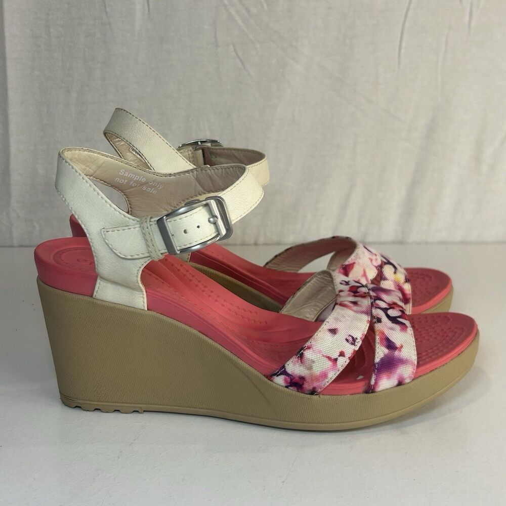 Crocs Leigh II Adjustable Ankle Strap Wedge Heeled Sandals Pink Floral Size 7